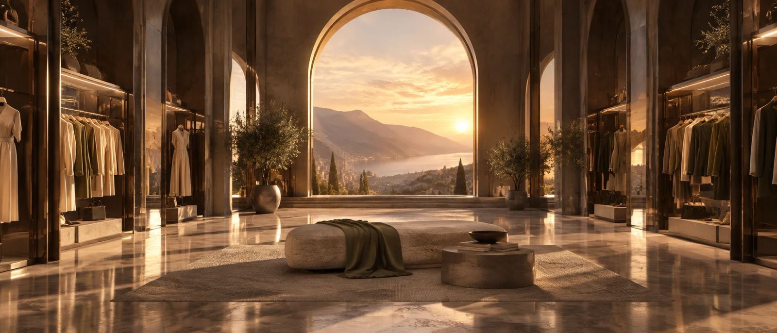 A grand warm wardrobe hall opening through a tall archway to a lake and mountains at golden hour