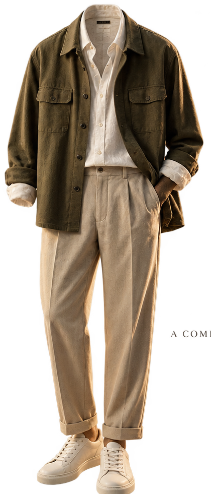 A complete look — an olive overshirt over a white linen shirt, beige trousers and white sneakers