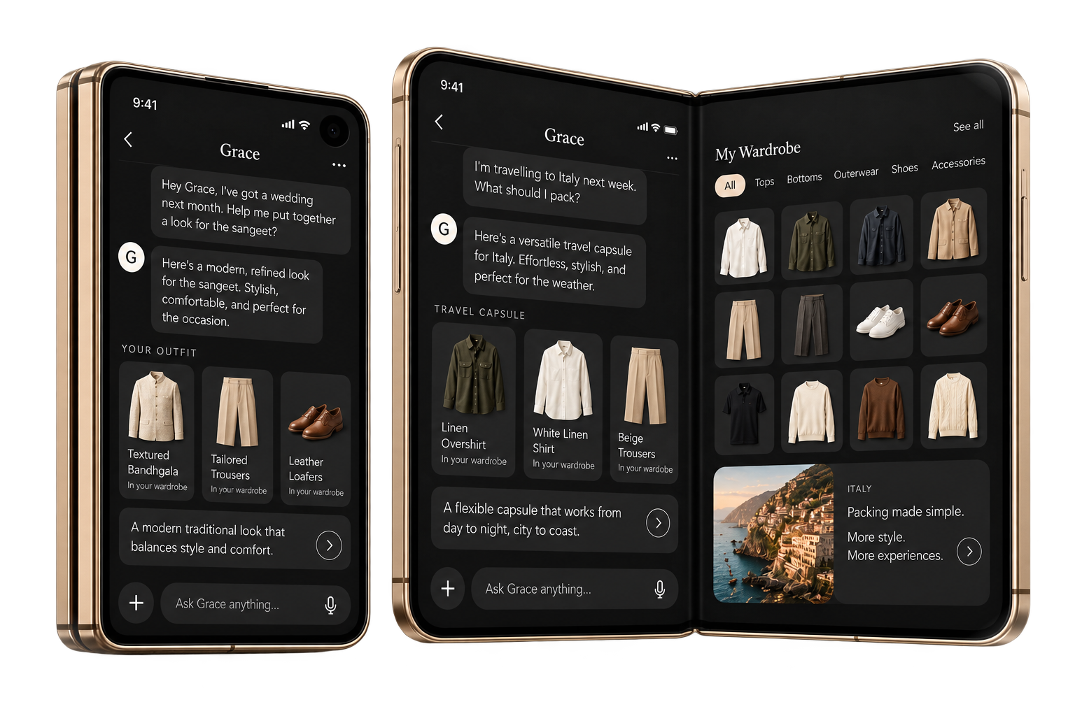 The Grace app on a foldable phone — a sangeet look on the front screen, an Italy travel capsule and the My Wardrobe grid on the open screen