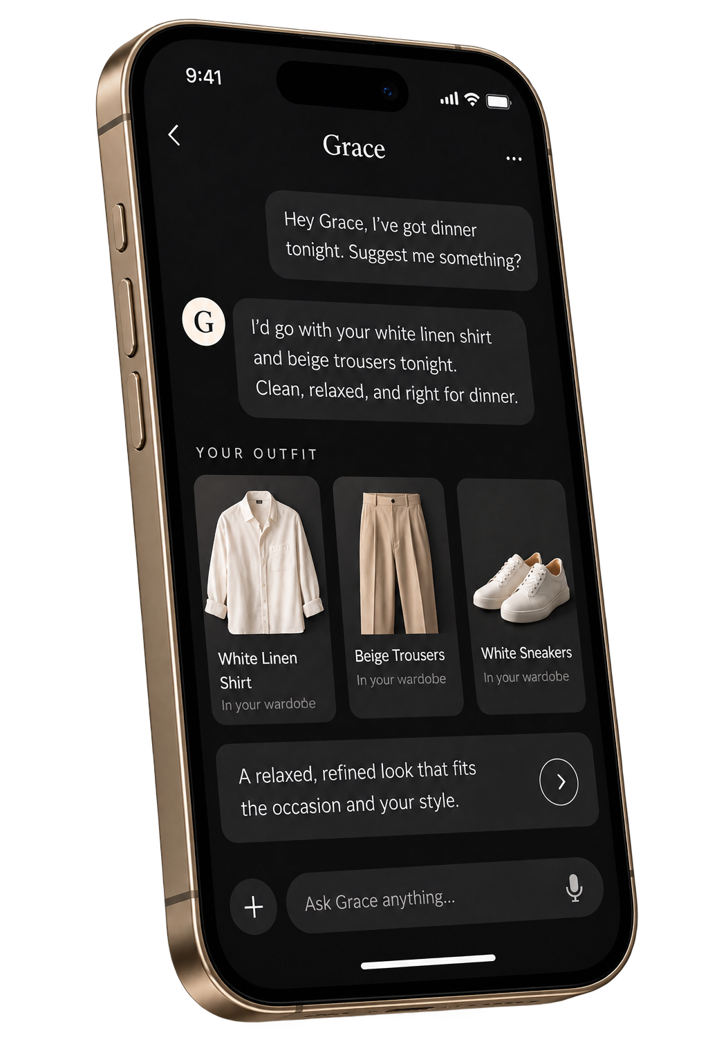 The Grace app on a phone — a dinner suggestion of a white linen shirt, beige trousers and white sneakers from the user's wardrobe