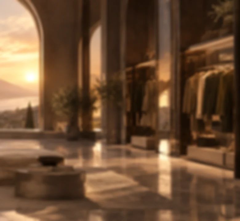 Wardrobe depth in warm light, softly out of focus