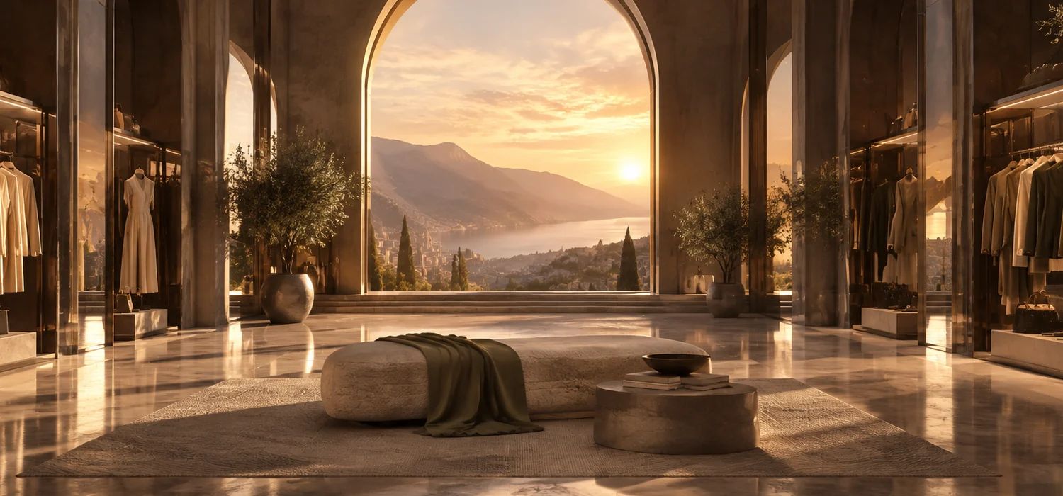 The wardrobe hall at its widest, full golden-hour light through the archway