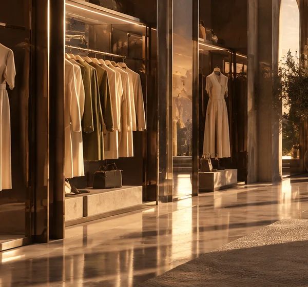 A wardrobe rail of neutral garments in warm light